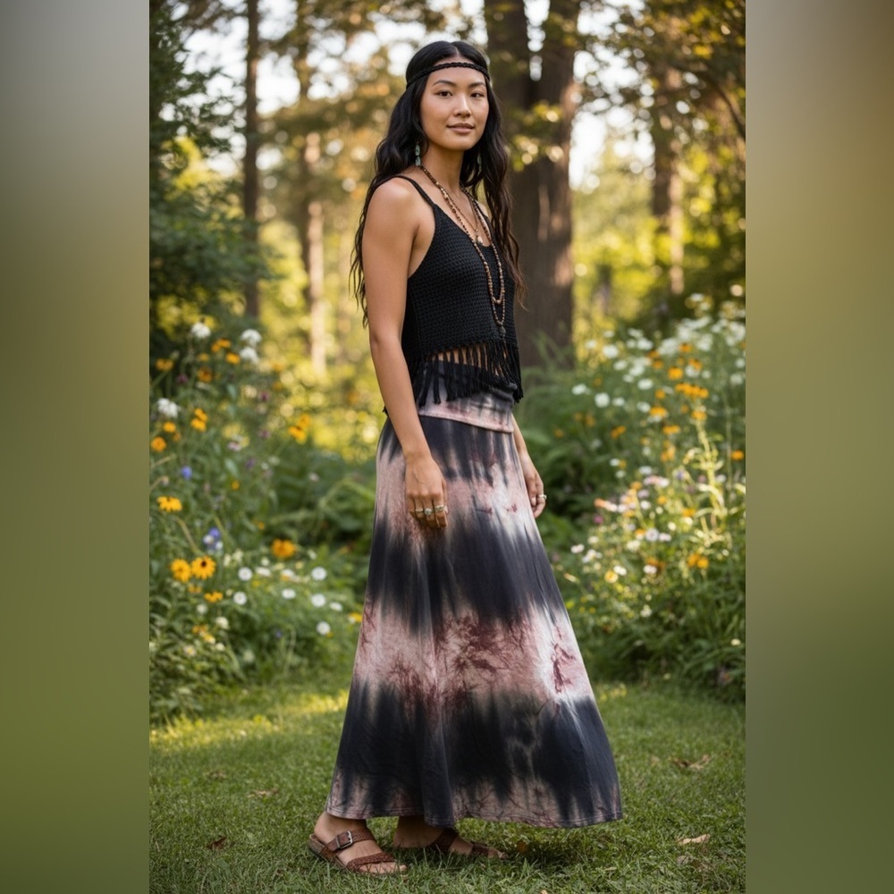 Heart & Hips Black and Brown BoHo Tie-Dye Maxi Skirt Hippie